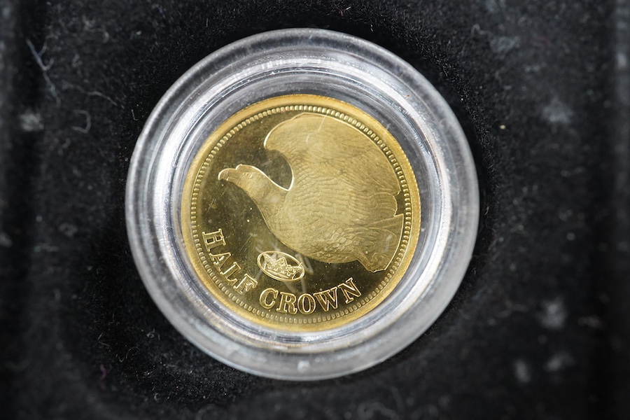 Gold coins, Elizabeth II;, Ascension Island, 1/5 sovereign, 2013, Tristan de Cunha, six gold half crowns (2009 x 4 and 2010 x 2), and a quarter sovereign, 2016, British virgin islands gold $3, 2013, Isle of Man gold 1/5